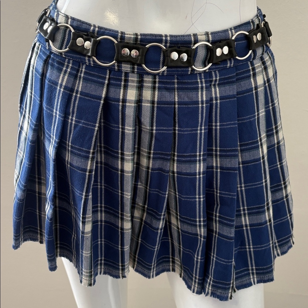 Dolls Kill Brand Current Mood Blue Plaid Mini Skirt w Faux Leather O-Ring Belt